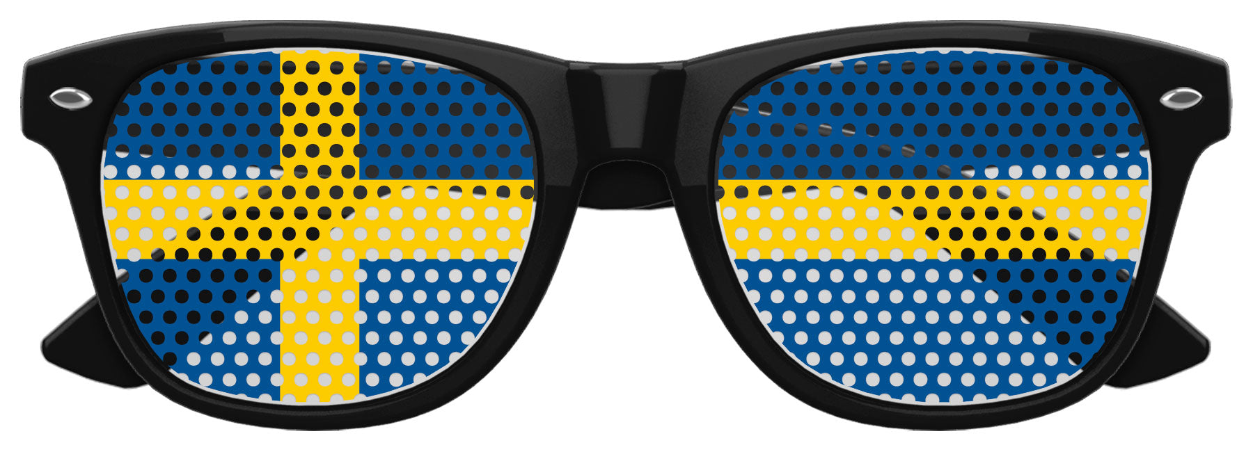 Funglasses with Sweden flag design for World Cup party, black frame and patriotic sunglasses for fans.