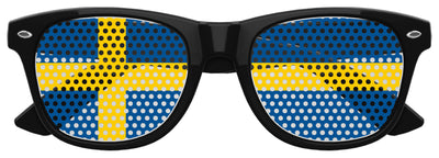 Funglasses with Sweden flag design for World Cup party, black frame and patriotic sunglasses for fans.
