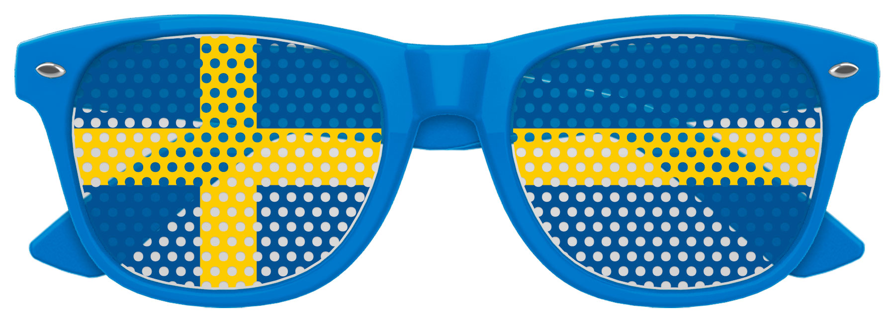 Sweden flag sunglasses by Funglasses featuring blue frames and Swedish flag design, perfect for World Cup celebrations.