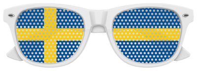 White Sweden flag themed World Cup party sunglasses by Funglasses, featuring bold flag design for sporting events and celebrations.