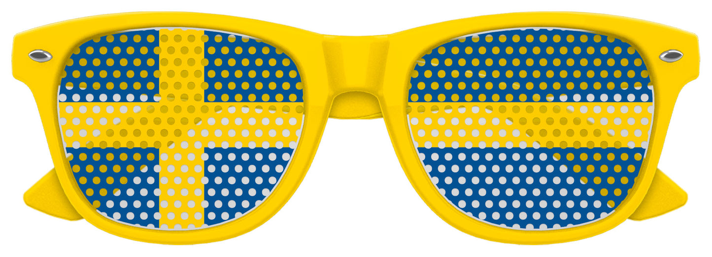 Funglasses with Sweden flag design for World Cup party, yellow frame with blue and yellow patriotic sunglasses.