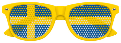 Funglasses with Sweden flag design for World Cup party, yellow frame with blue and yellow patriotic sunglasses.