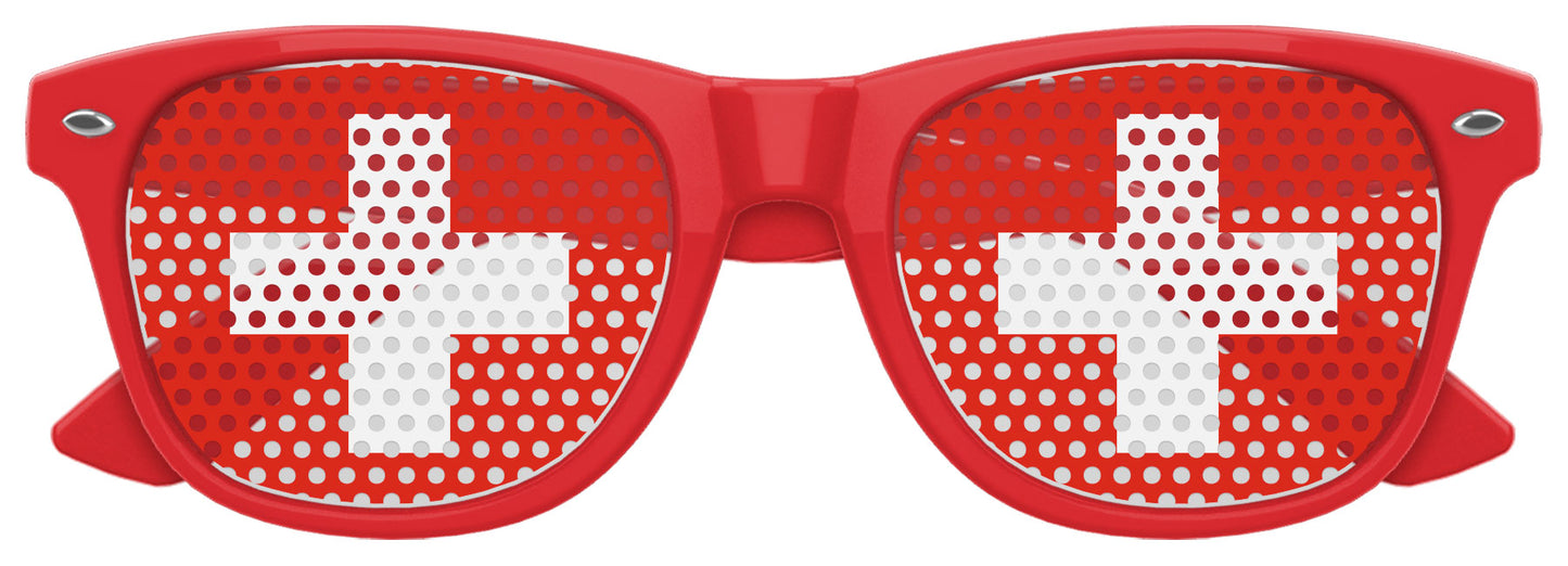 Funglasses with Swiss flag design for World Cup party, featuring red and white colors and the Swiss cross emblem.