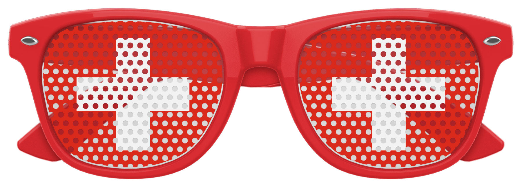 Funglasses with Swiss flag design for World Cup party, featuring red and white colors and the Swiss cross emblem.