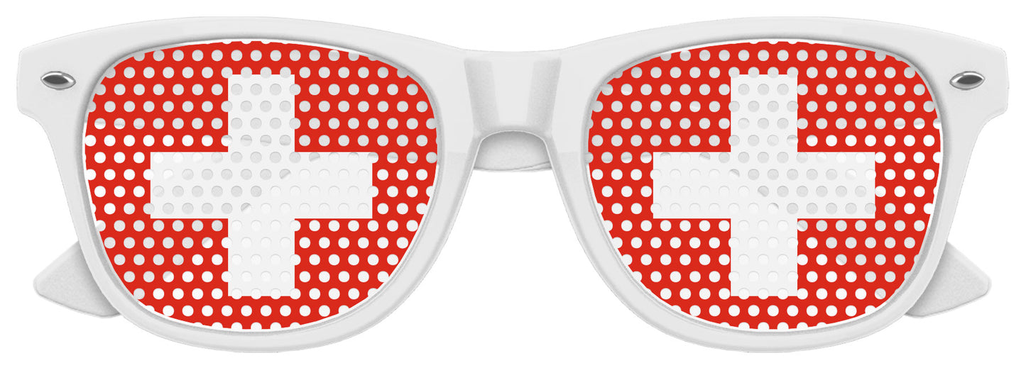 Funglasses with Switzerland flag design for World Cup party, white frame and colorful flag pattern on the lenses.