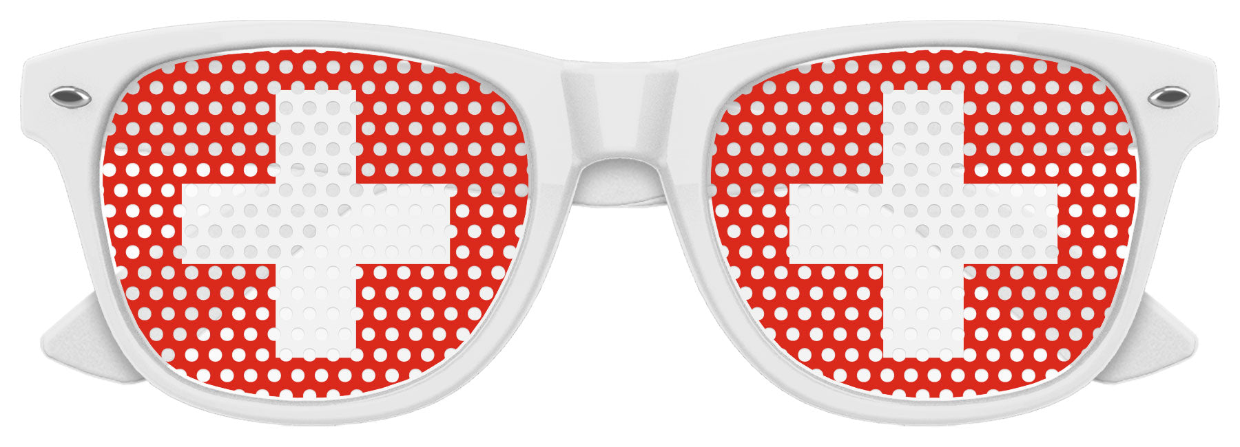 Funglasses with Switzerland flag design for World Cup party, white frame and colorful flag pattern on the lenses.