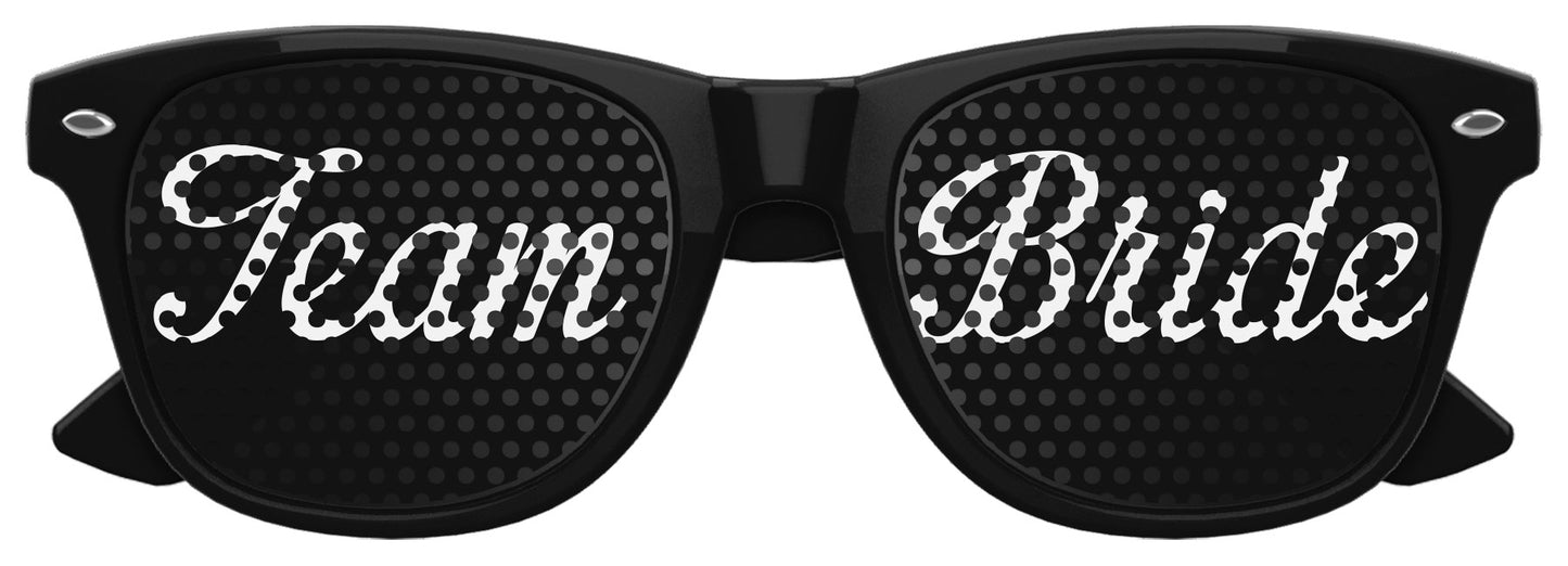 Black TEAM BRIDE wedding party sunglasses by Funglasses with bold white text, perfect for bridal celebrations and photos.