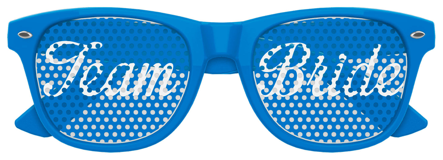 Blue TEAM BRIDE wedding party sunglasses by Funglasses, stylish accessories with "TEAM BRIDE" lettering for bridal celebrations.