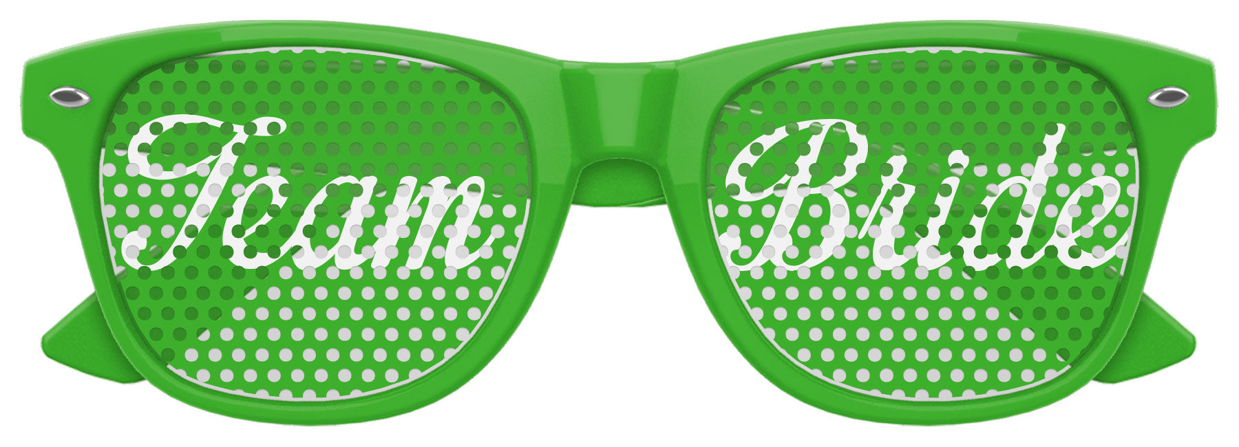 Green TEAM BRIDE wedding party sunglasses by Funglasses, stylish eyewear with "TEAM BRIDE" text for bridal celebrations.