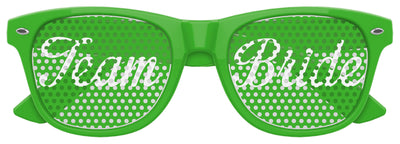 Green TEAM BRIDE wedding party sunglasses by Funglasses, stylish eyewear with "TEAM BRIDE" text for bridal celebrations.