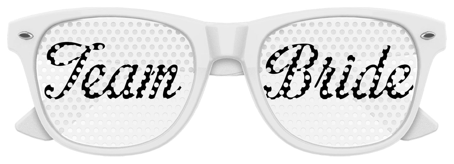 Funglasses TEAM BRIDE wedding party sunglasses with white frames and bold black lettering, perfect for bridal celebrations.