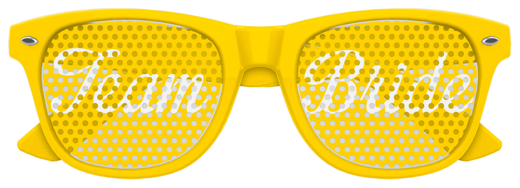 Funglasses team bride wedding party sunglasses in yellow with "TEAM BRIDE" lettering for bridal celebration photos.