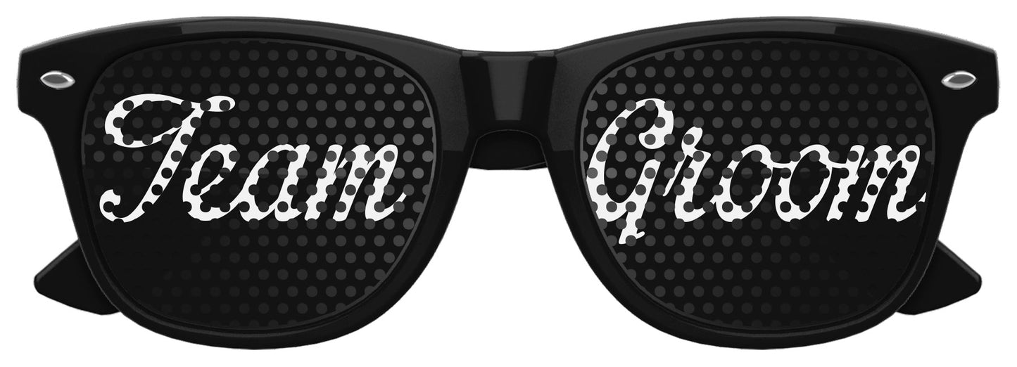 Funglasses TEAM GROOM wedding party sunglasses in black with tinted lenses, stylish accessory for special occasions.