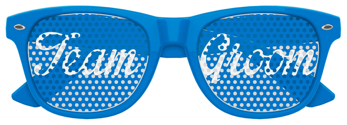 Funglasses TEAM GROOM wedding party sunglasses in blue with clear lenses, stylish accessory for wedding celebrations.