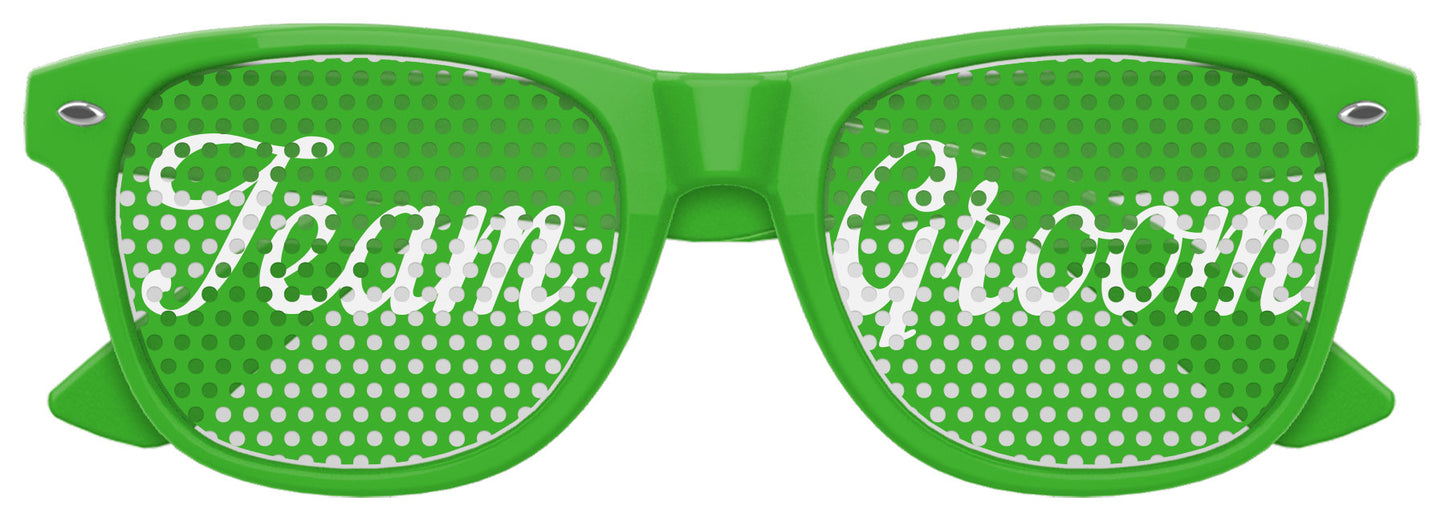 Green TEAM GROOM Wedding Party sunglasses by Funglasses, stylish UV-protective eyewear for grooms and wedding party members.