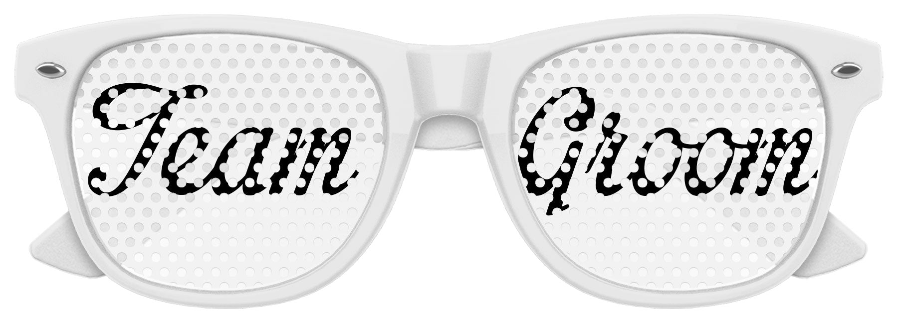 White TEAM GROOM wedding party sunglasses by Funglasses, sporty design with UV protection for wedding celebration photos.