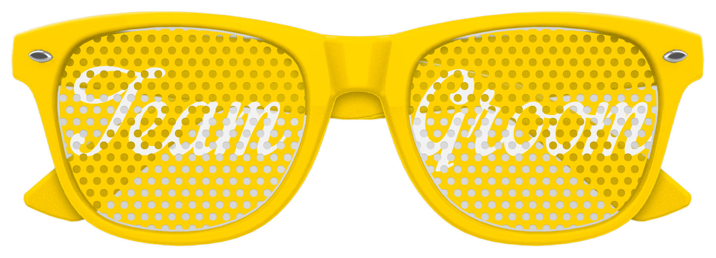 Funglasses TEAM GROOM wedding party sunglasses in yellow with black frames, featuring a stylish design for special occasions