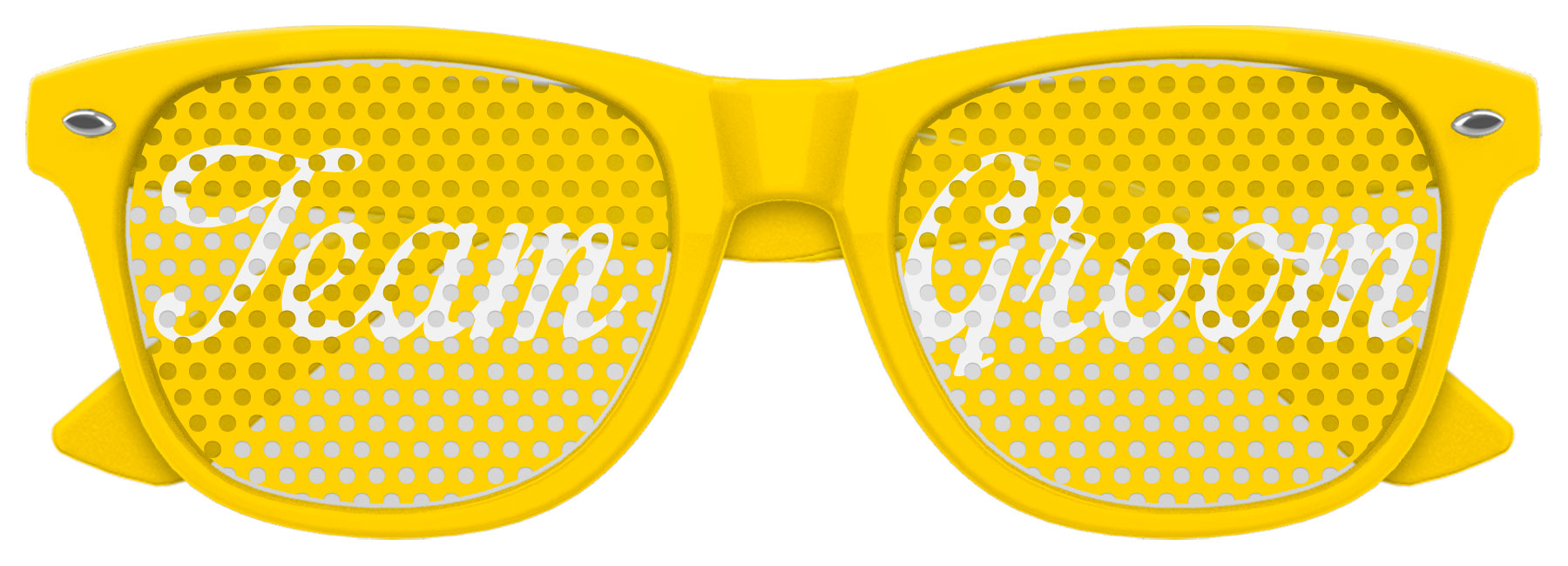 Funglasses TEAM GROOM wedding party sunglasses in yellow with black frames, featuring a stylish design for special occasions