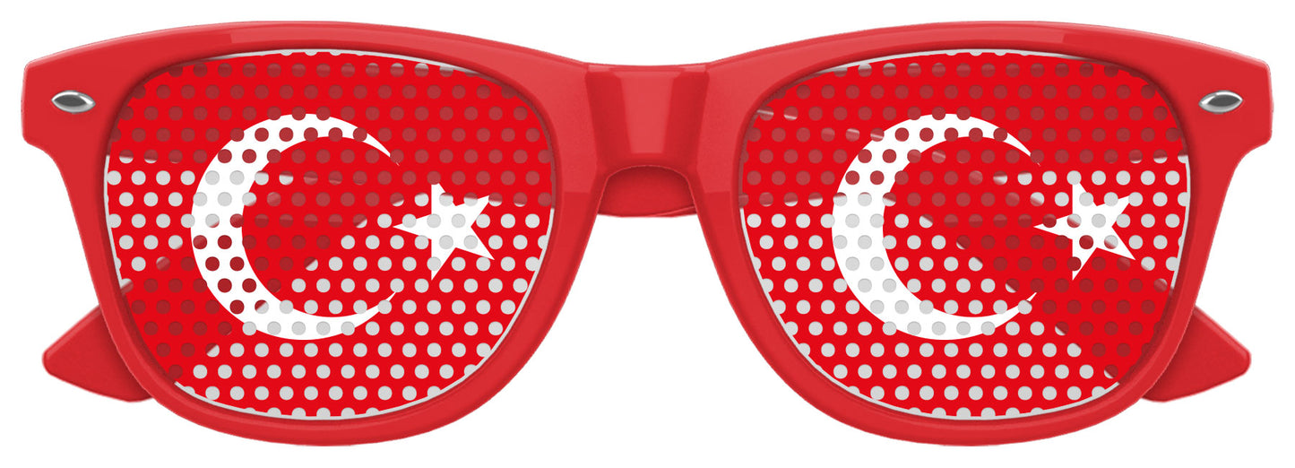 Red Turkey flag sunglasses with "World Cup Party" design by Funglasses, featuring bold Turkey flag colors and sporty style.