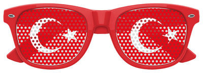 Red Turkey flag sunglasses with "World Cup Party" design by Funglasses, featuring bold Turkey flag colors and sporty style.