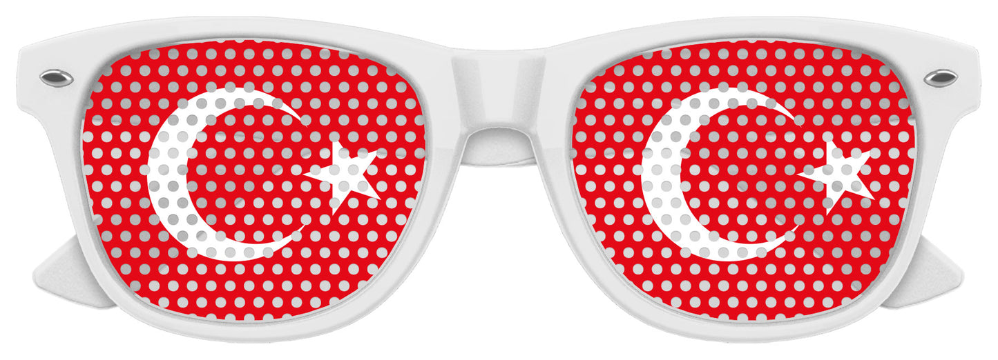 Turkey flag sunglasses with white frame for World Cup party, featuring Turkish flag design on the lenses by Funglasses.