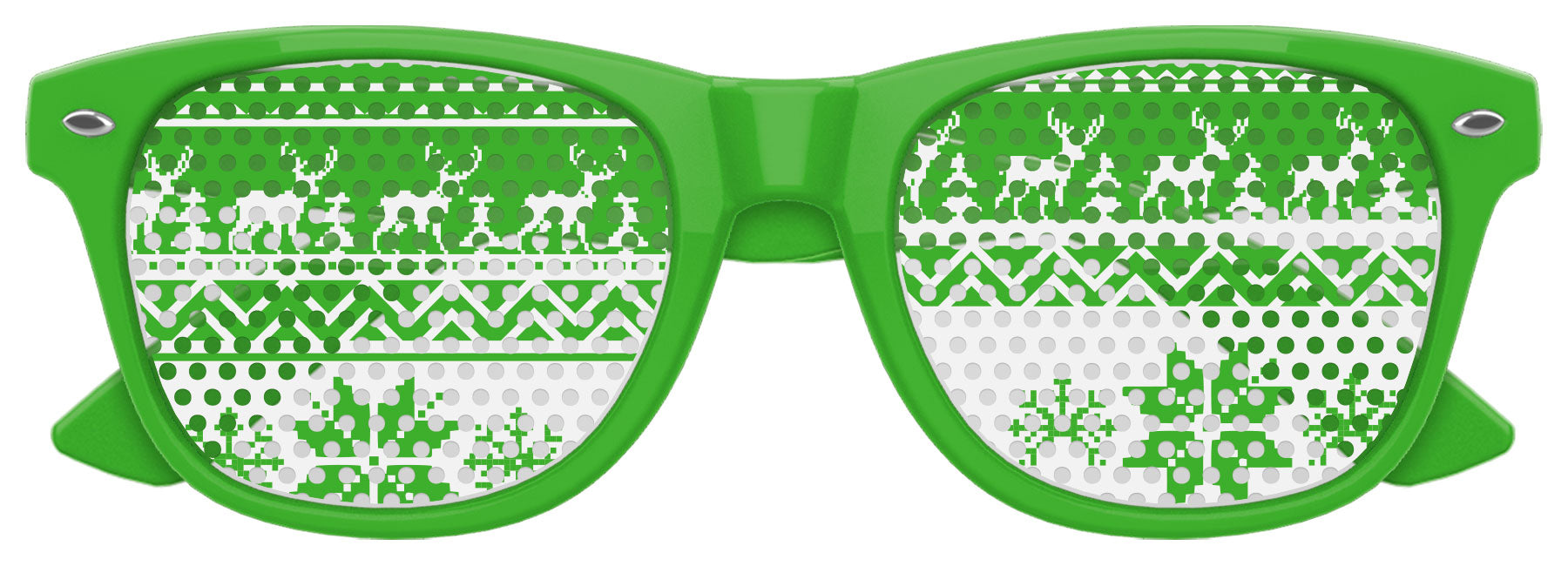 Green Ugly Sweater Party Sunglasses by Funglasses with festive sweater design on the lenses.
