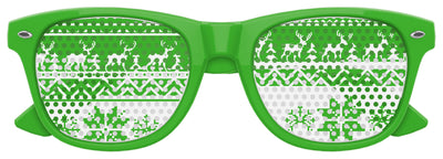 Green Ugly Sweater Party Sunglasses by Funglasses with festive sweater design on the lenses.