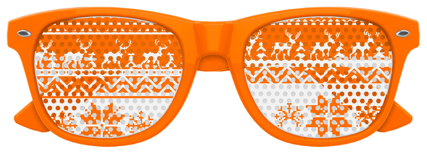 Funglasses Ugly Sweater Party Sunglasses with colorful holiday sweater design and novelty festive glasses.
