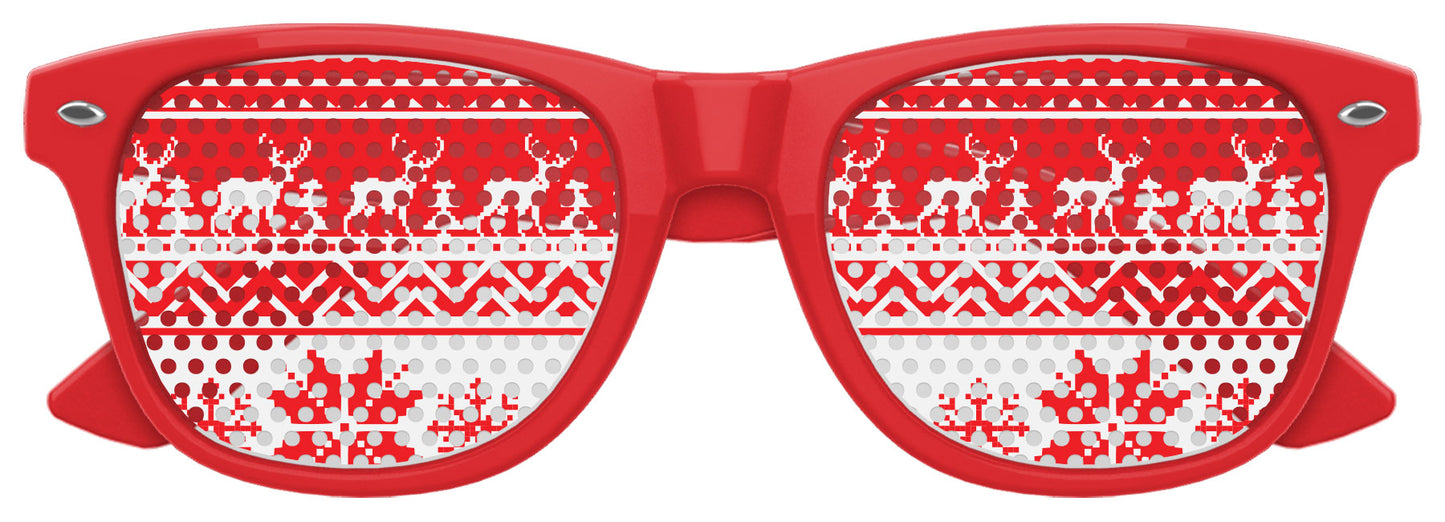 Red "Ugly Sweater" party sunglasses by Funglasses with festive sweater pattern and UV protection, perfect for holiday celebrations.