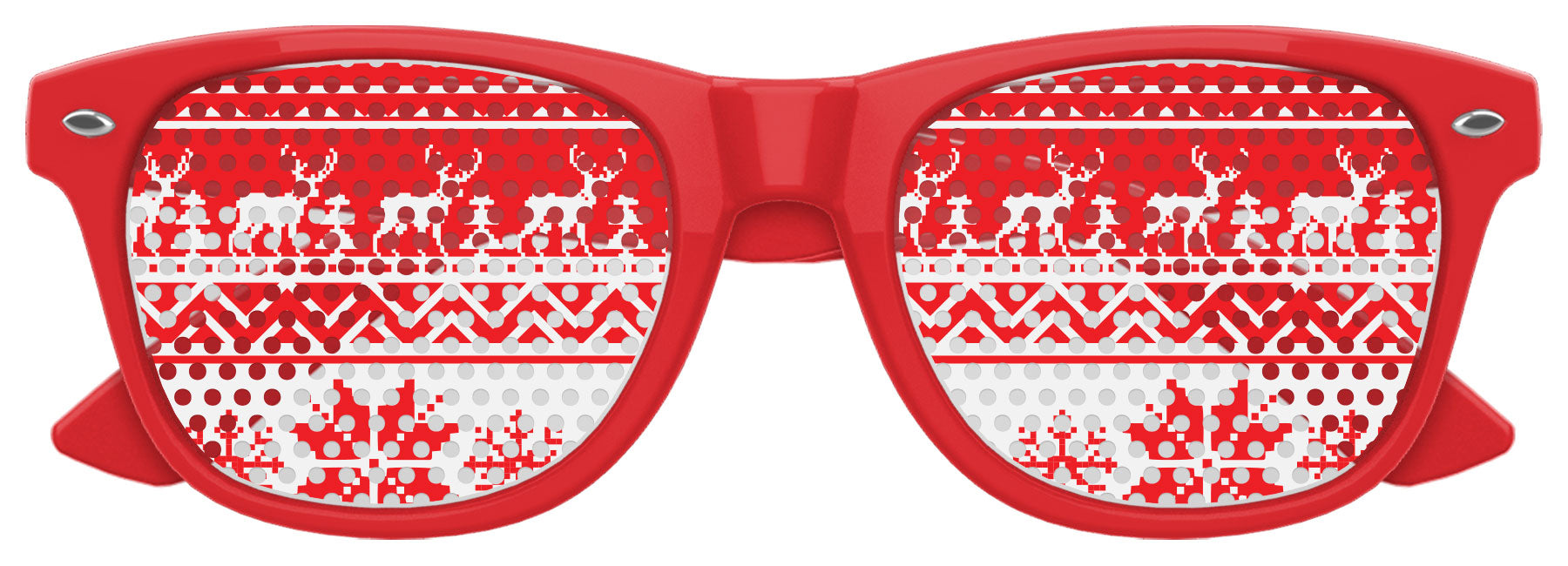 Red "Ugly Sweater" party sunglasses by Funglasses with festive sweater pattern and UV protection, perfect for holiday celebrations.
