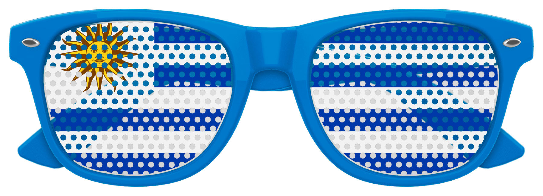 Funglasses Uruguay flag World Cup party sunglasses with blue lenses and Uruguay flag design on the frame.
