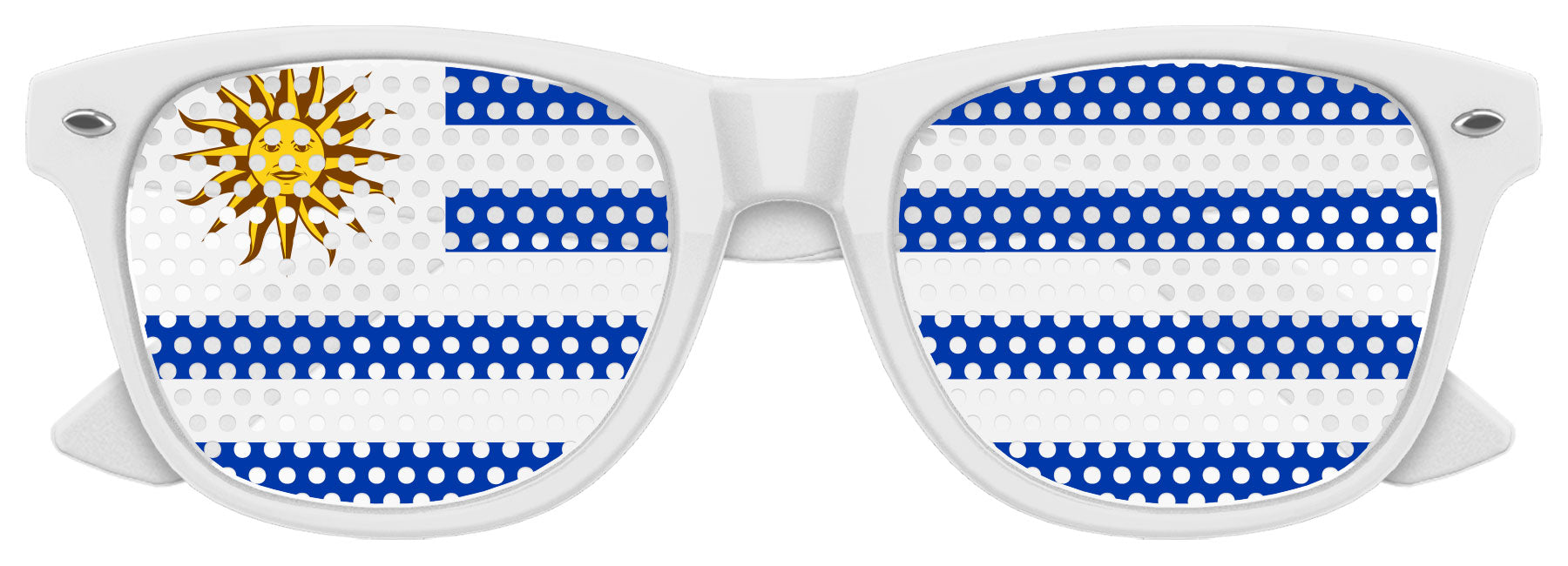 Funglasses with Uruguay flag design for World Cup celebrations, featuring white frame and patriotic flag pattern on the lenses.