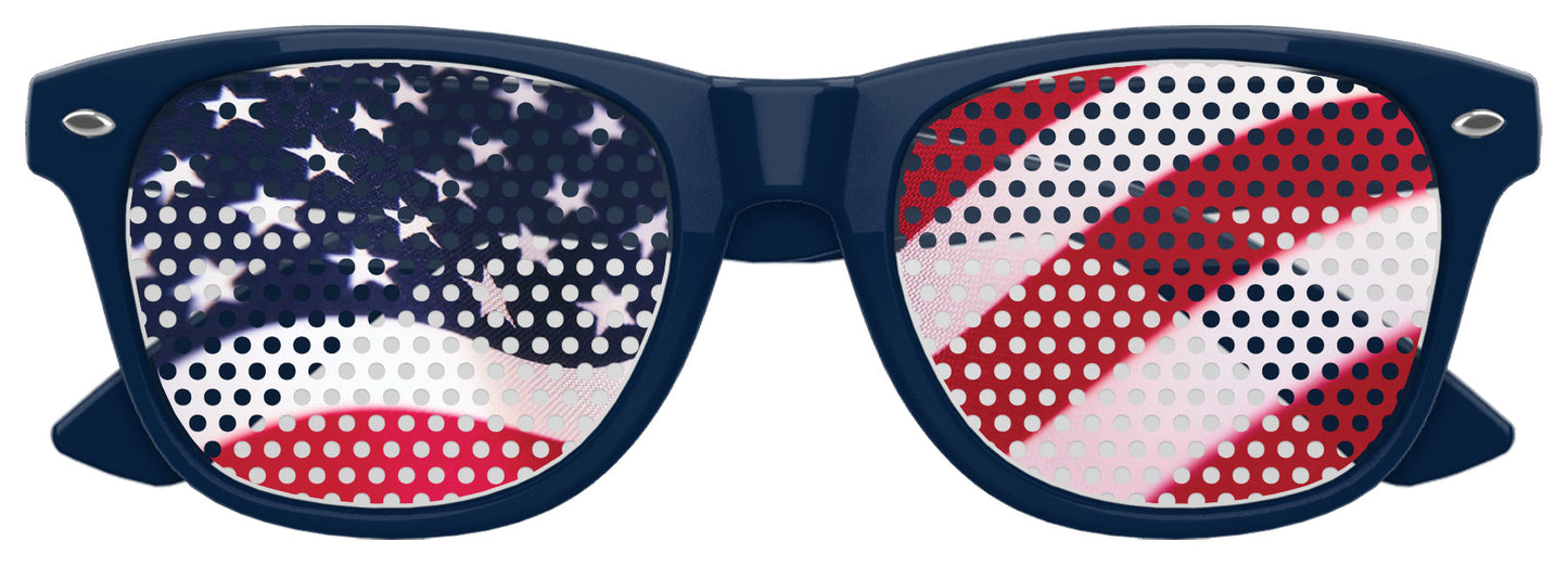 Blue US flag themed party sunglasses by Funglasses with bold flag design and UV protection, perfect for patriotic celebrations.