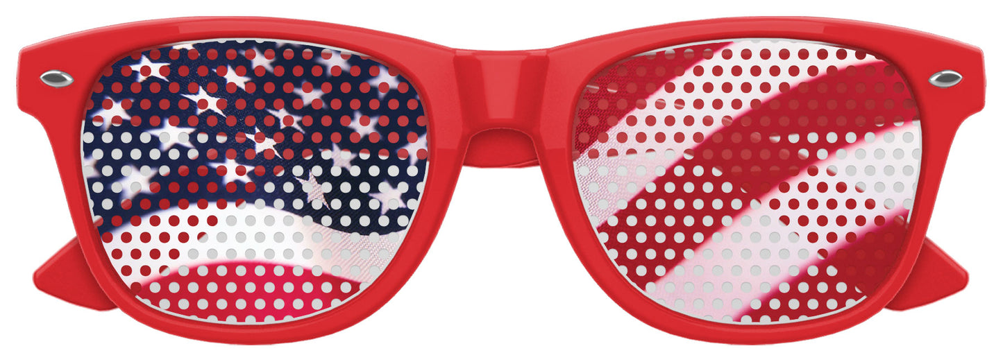 Red US flag party sunglasses by Funglasses with patriotic star and stripe design, perfect for celebrations and events.