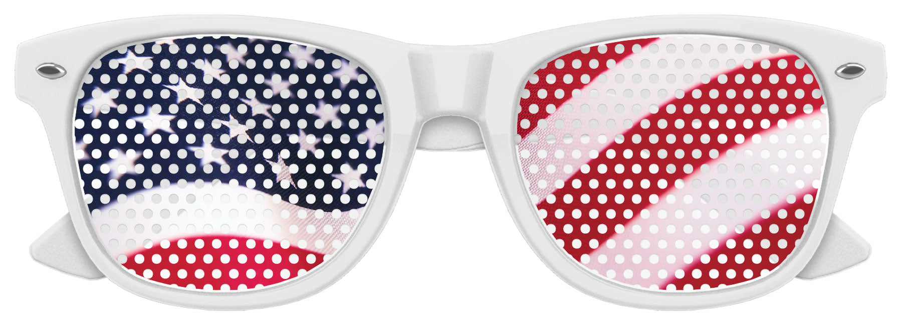 White US Flag party sunglasses by Funglasses with American flag design and star-spangled details, perfect for celebrations.