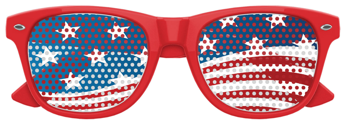 Red US WAVE Party Sunglasses by Funglasses with bold, curved frames perfect for festive and stylish outdoor events.
