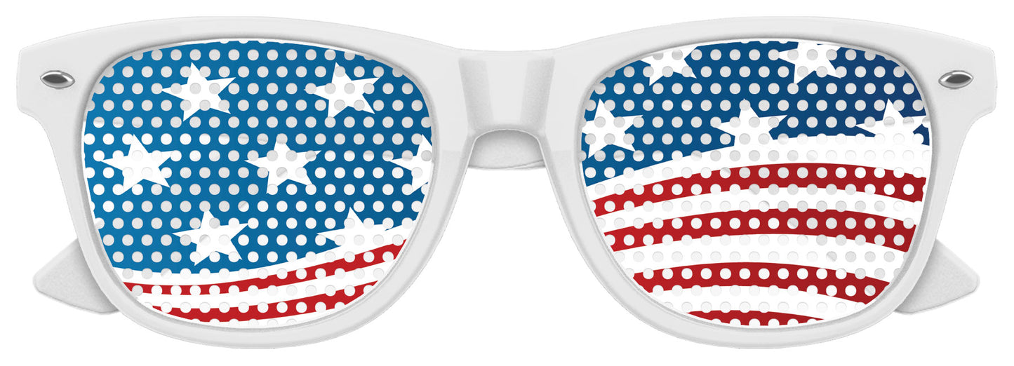 Funglasses US WAVE party sunglasses with white frames and tinted lenses, stylish eyewear for fun outdoor events