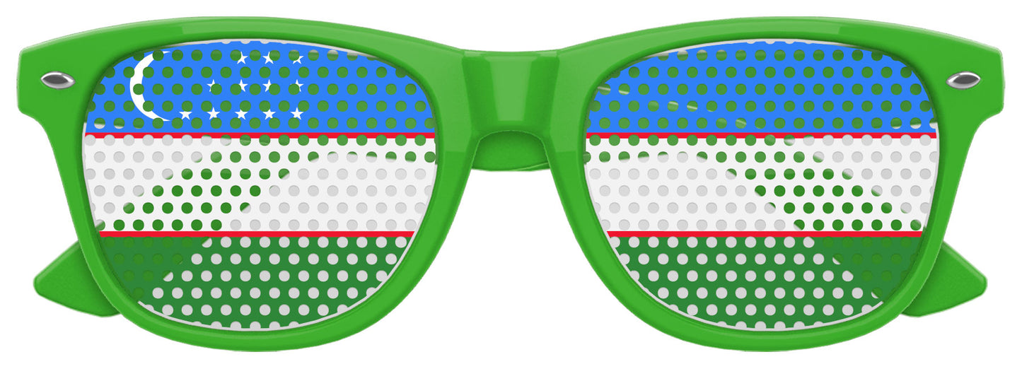 Funglasses with Uzbekistan flag design, green-tinted lenses and patriotic print for World Cup celebrations