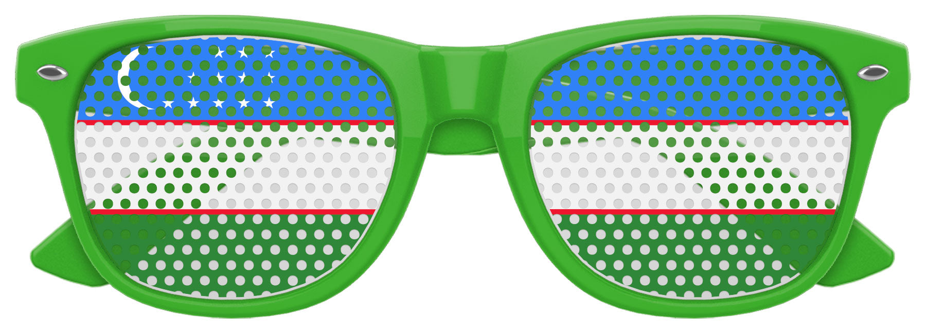 Funglasses with Uzbekistan flag design, green-tinted lenses and patriotic print for World Cup celebrations